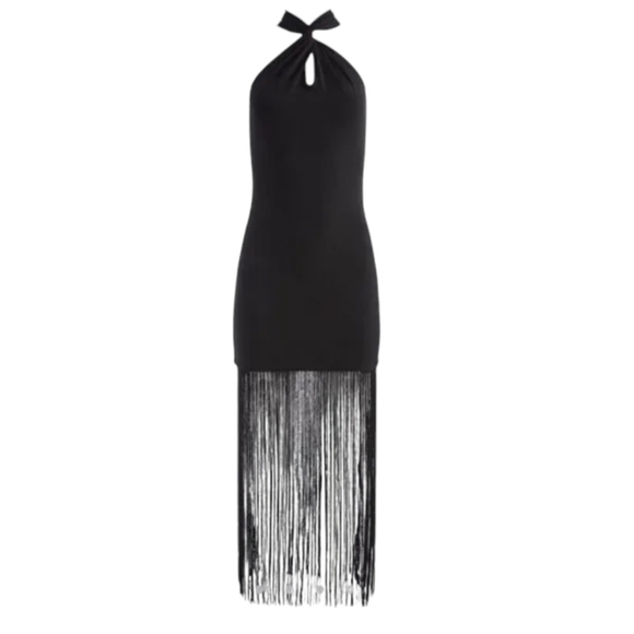 Alice + Olivia Steph Fringe Bottom Twist Front Halter Gown Evening Dress - Picture 4 of 13